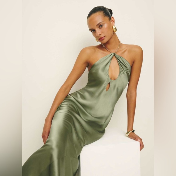 Reformation Silk Yesenia Halter Neck Long Maxi Dress Green size Large - Picture 1 of 14